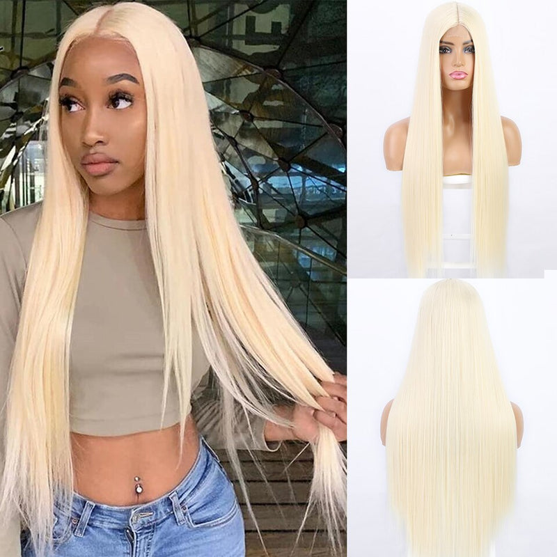 KooKaStyle Long Straight Wig Synthetic Wigs for Women Natural Middle Part Lace Wig Heat Resistant Natural Wig for Black Women