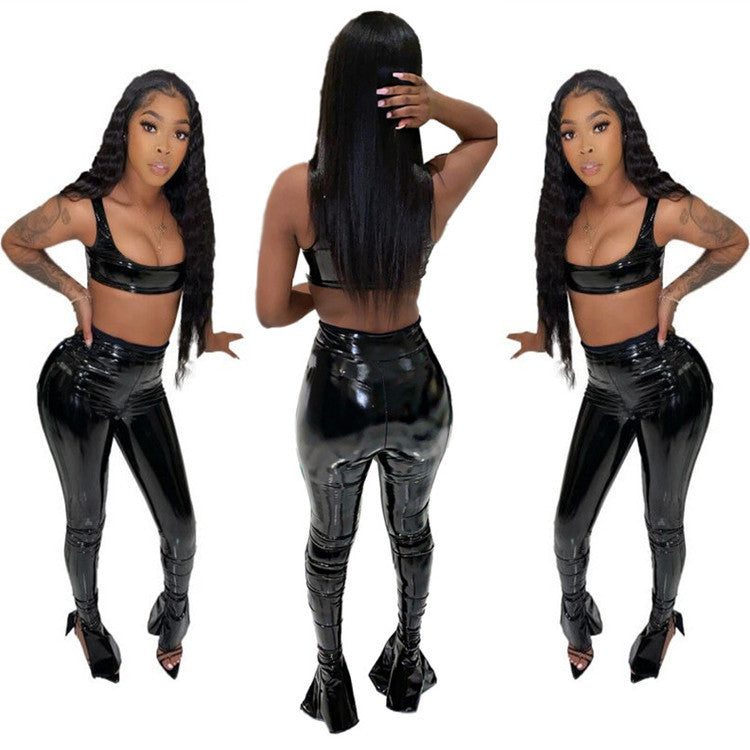 PU Leather Slim Womens High Neck Knit
