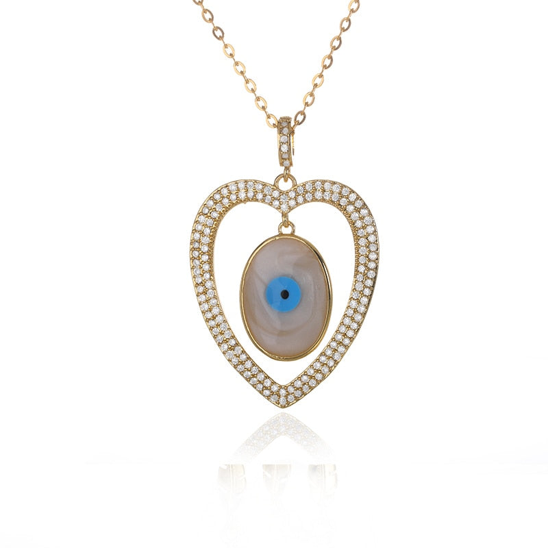 Vintage Cubic Zirconia Evil Eye Necklace For Women Stainless Steel Heart Pendant Necklaces Turkish Religiou Jewelry collar чокер