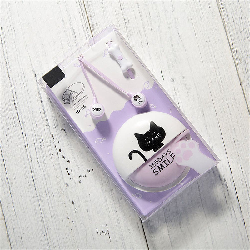 Cute Cat Cartoon Earphone Portable Solid Color 3.5mm In-ear Stereo with Micro Storage Box for Mobile Phone Kids Child Gifts